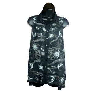 Hot Topic Sheer Celestial Eye Witchy Mystical Asymmetrical Sun Moon Chiffon Top